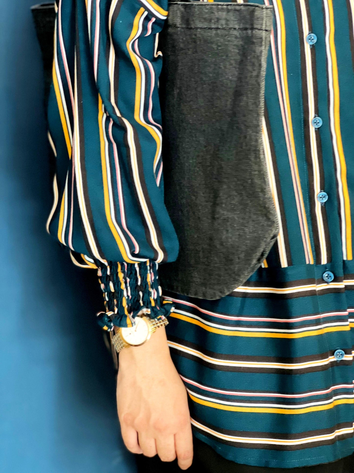 Green Striped Shirt With Gathered Sleeves