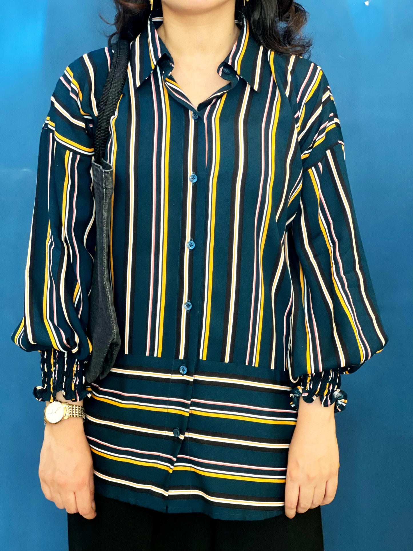 Green Striped Shirt With Gathered Sleeves
