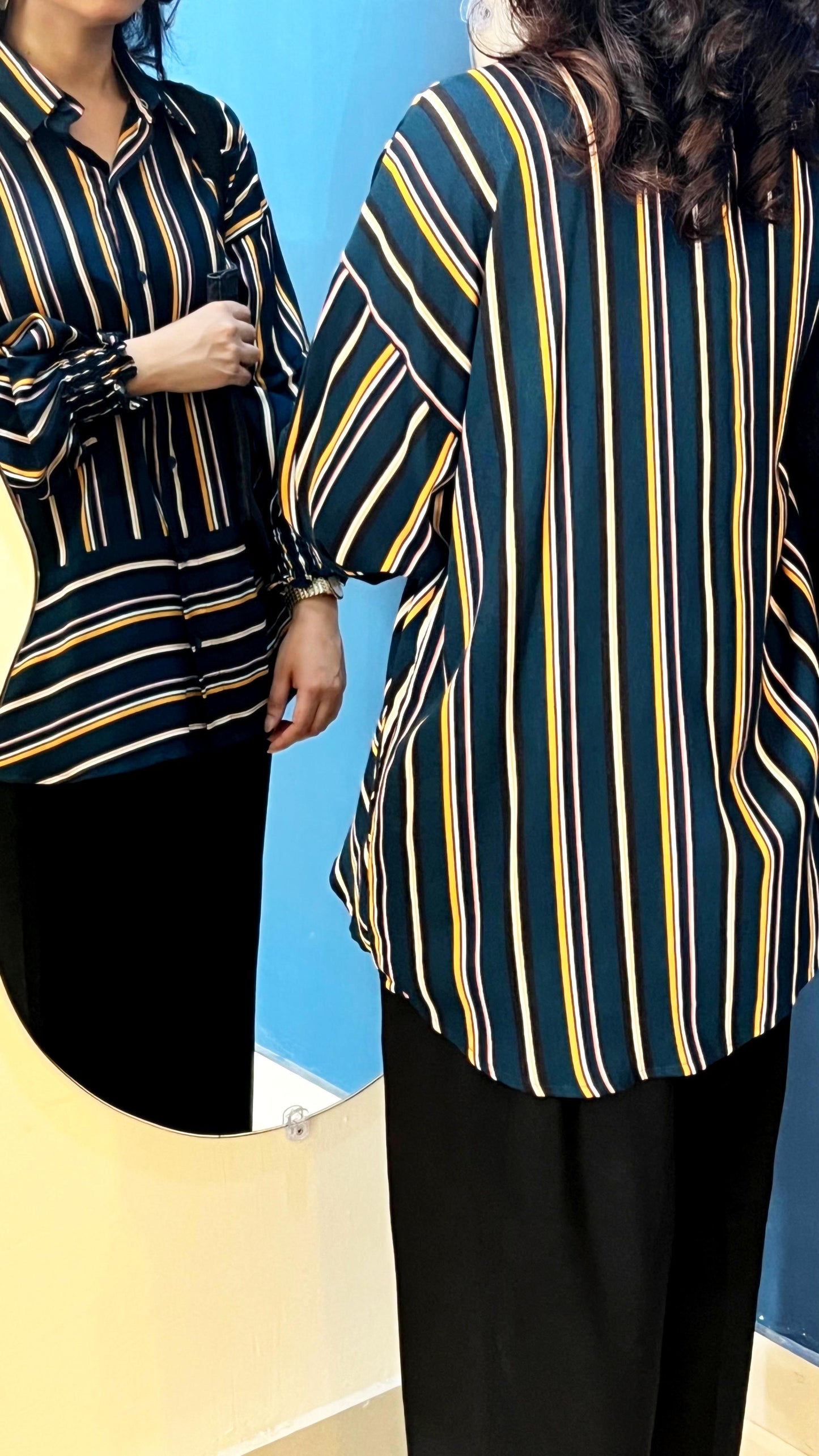 Green Striped Shirt With Gathered Sleeves