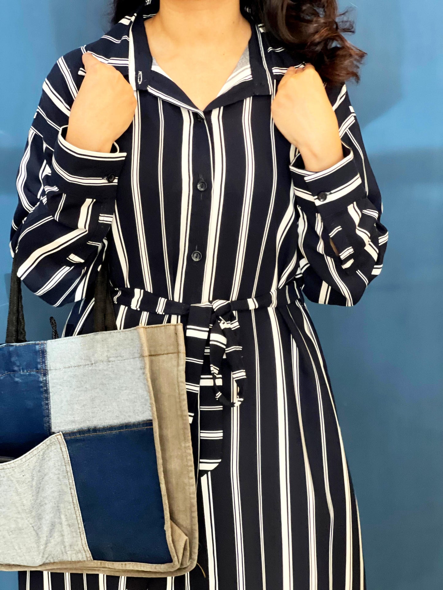 Blue White Striped Long Belted Shirt Dress