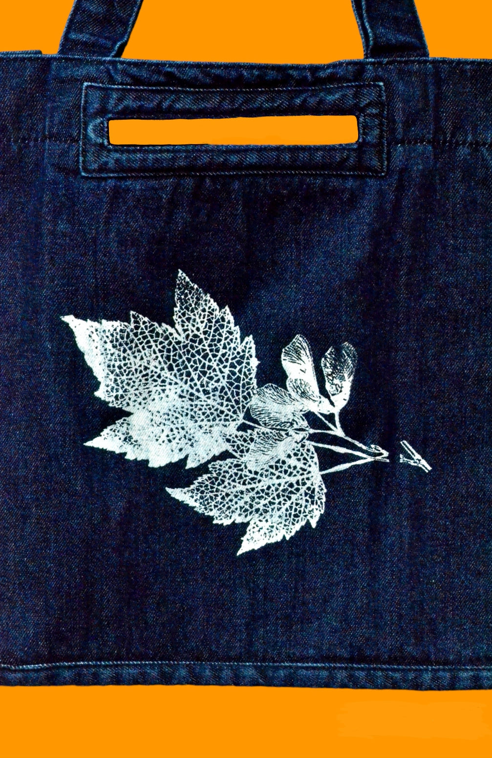 White Autumn leaf Dark blue denim tote bag