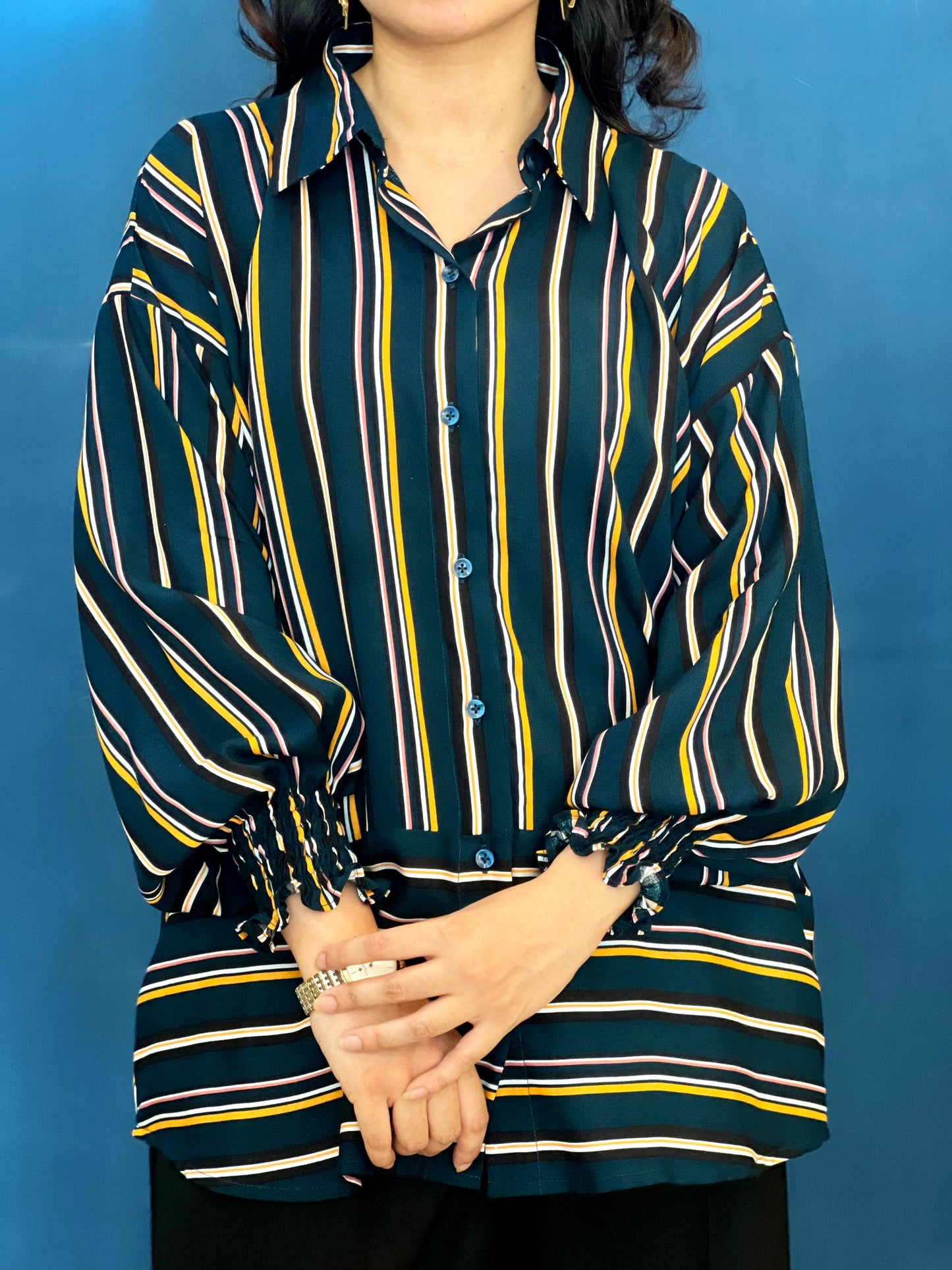 Green Striped Shirt With Gathered Sleeves