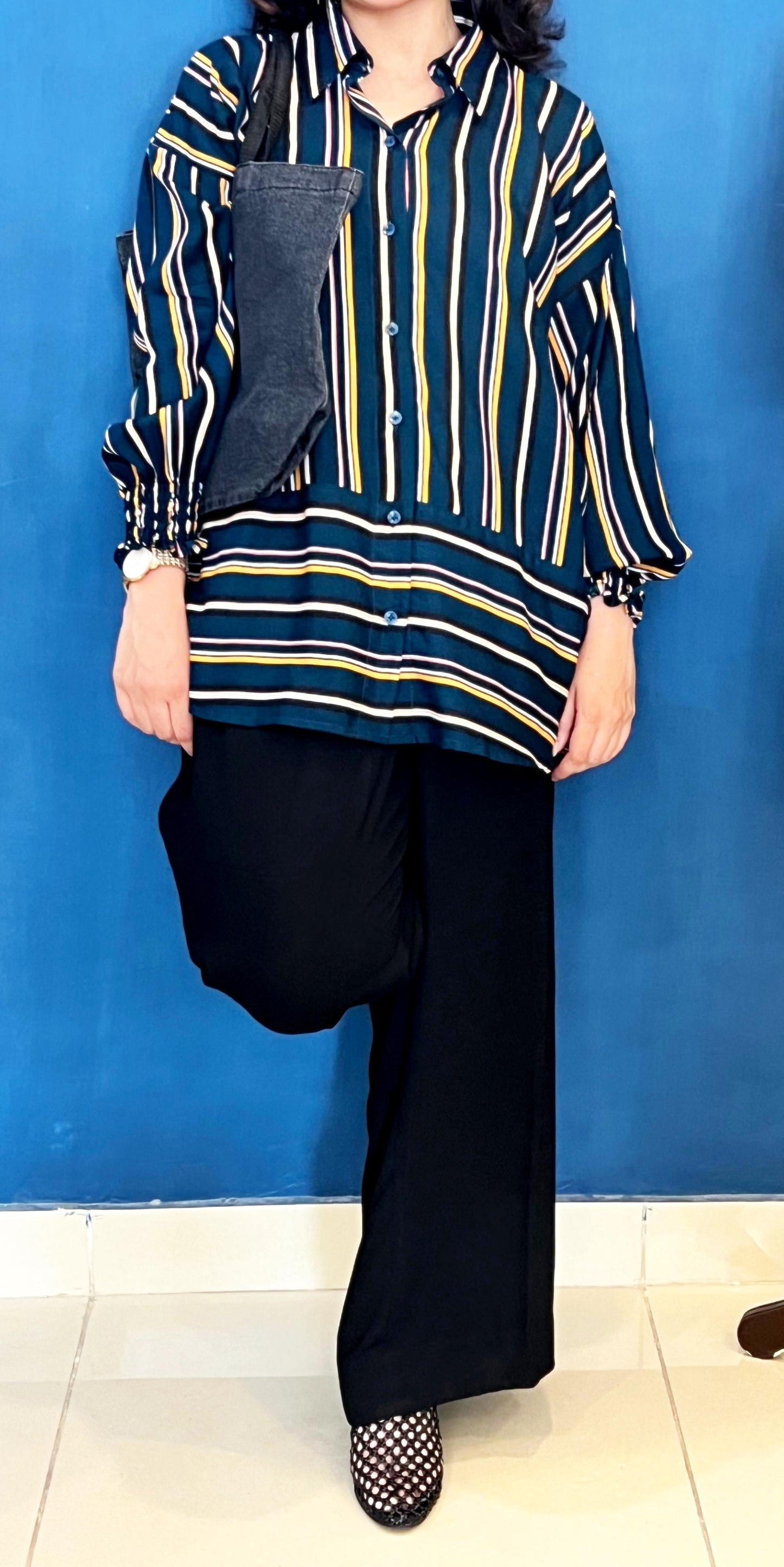 Green Striped Shirt With Gathered Sleeves