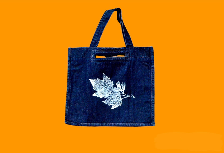 White Autumn leaf Dark blue denim tote bag