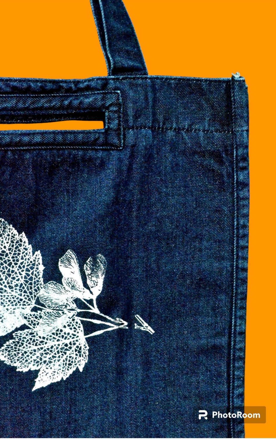 White Autumn leaf Dark blue denim tote bag