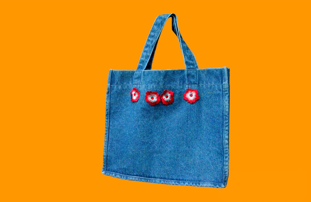 Red Embroidery Blue Denim Tote Bag