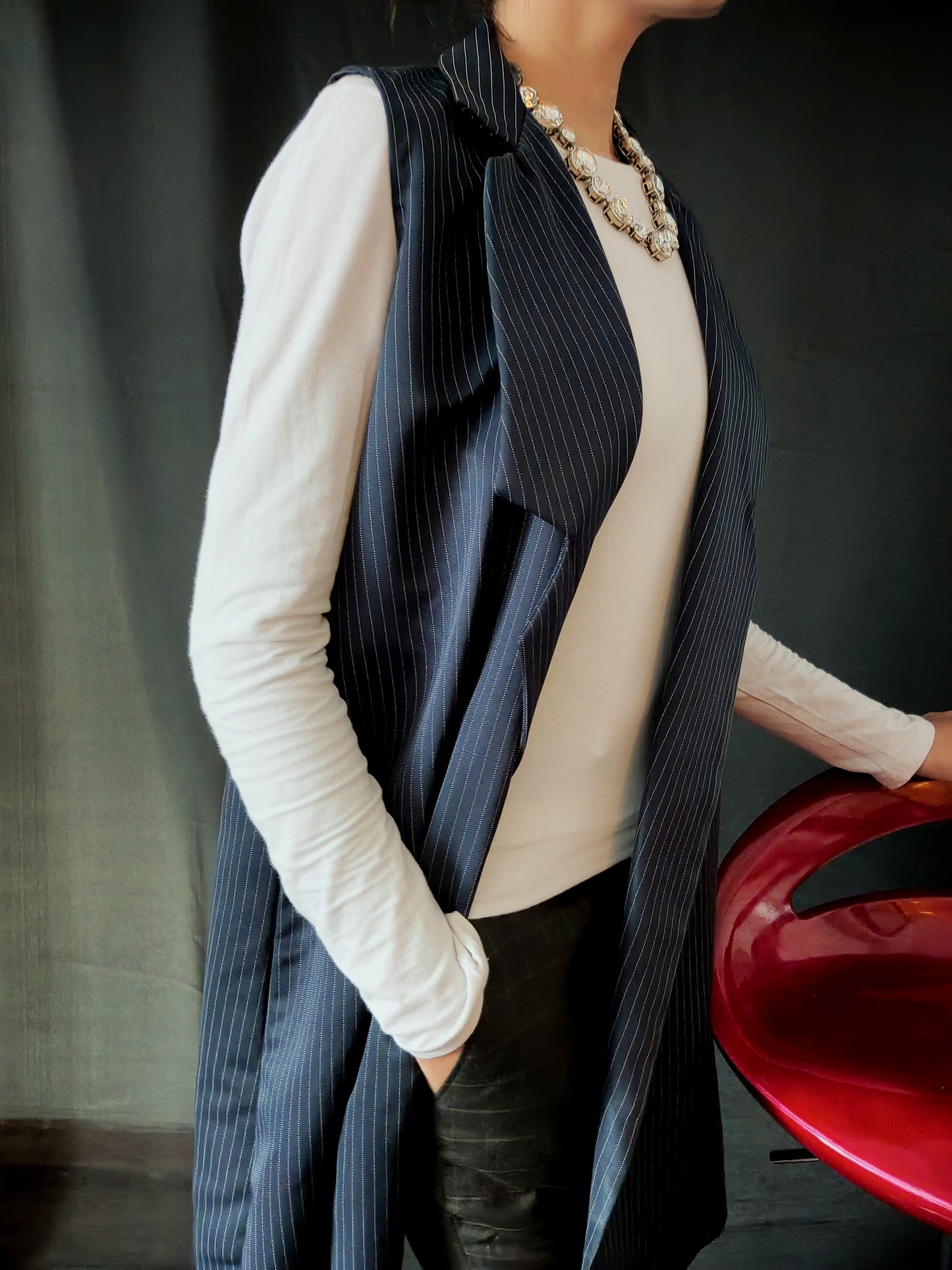 Blue Sleeveless Striped Blazer