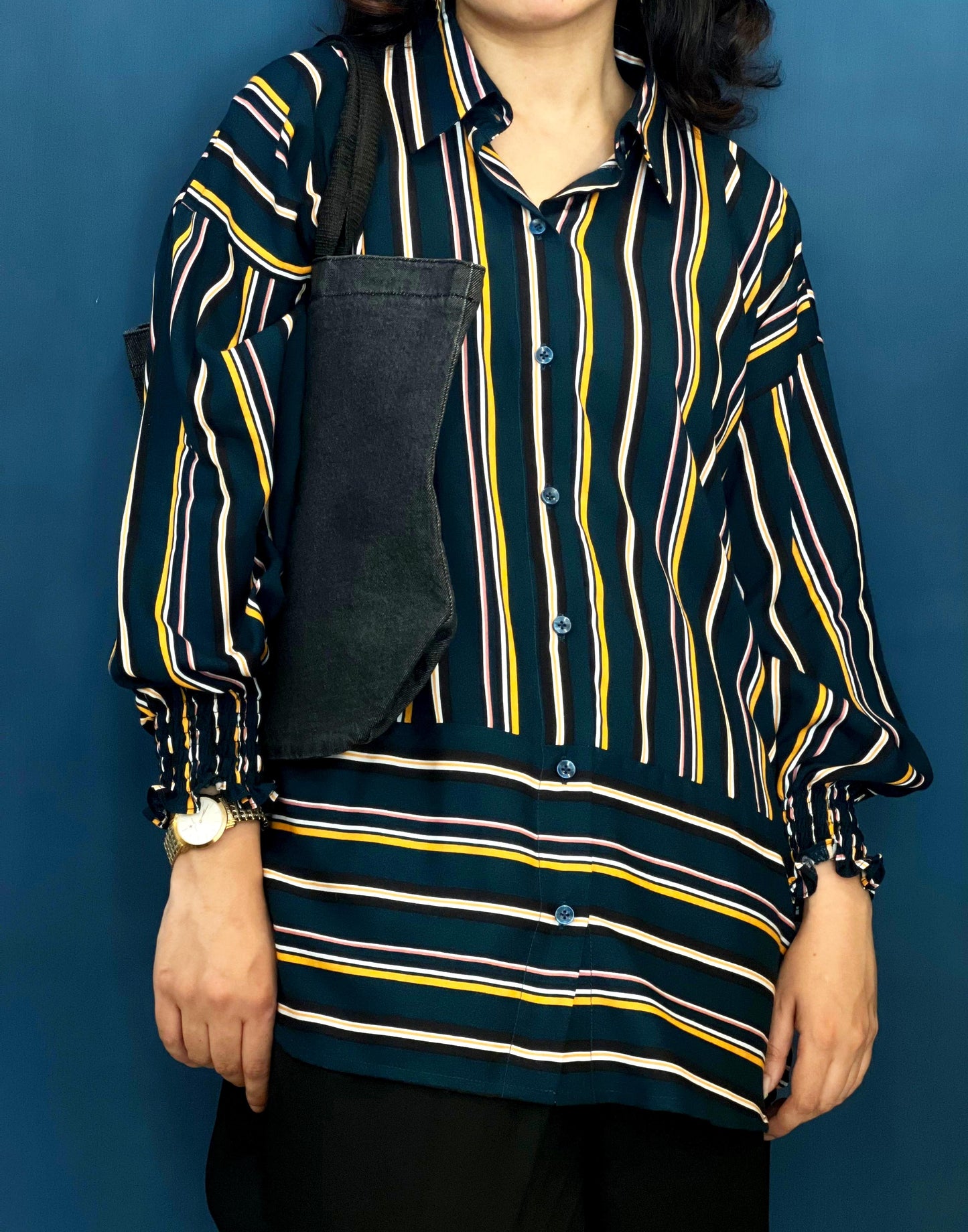 Green Striped Shirt With Gathered Sleeves