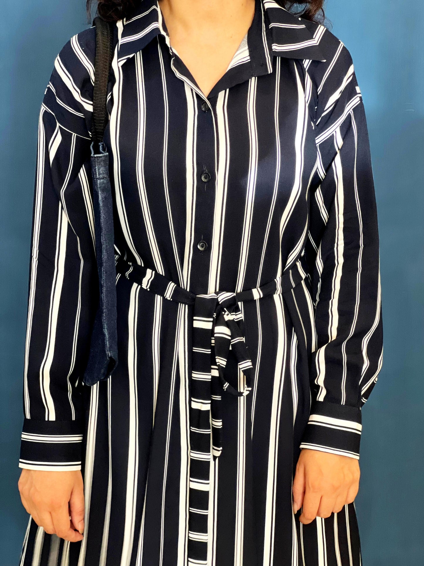 Blue White Striped Long Belted Shirt Dress