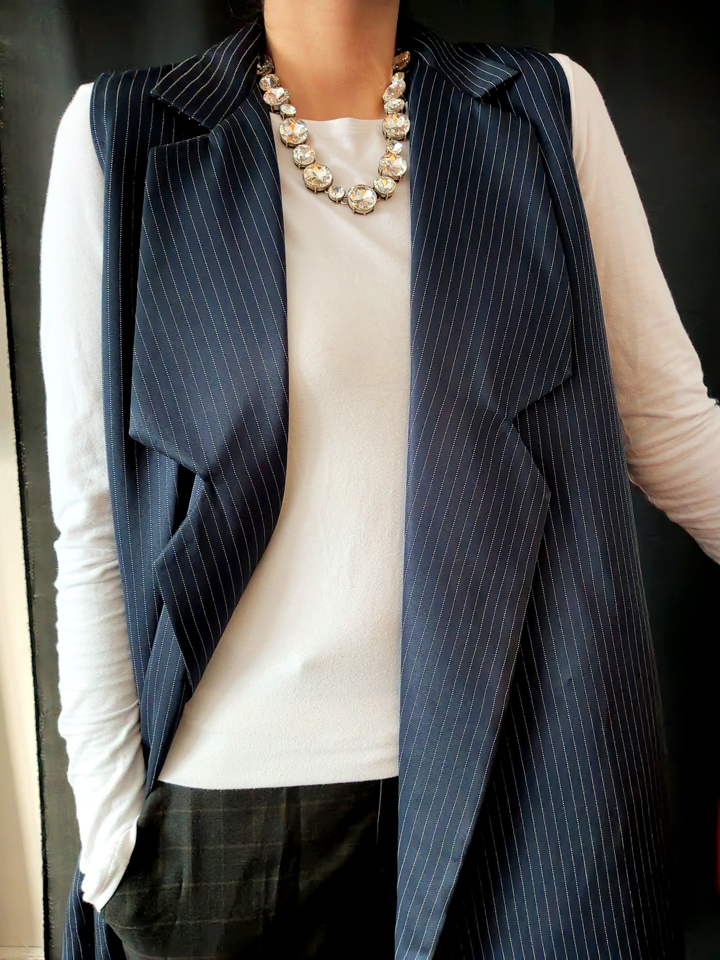 Blue Sleeveless Striped Blazer