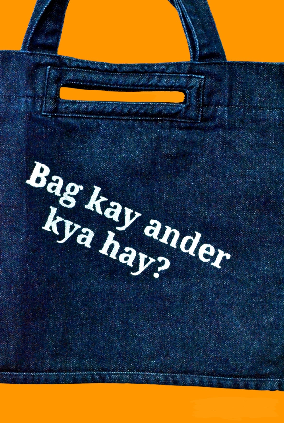 "Bag kay Ander kya hay?" Dark Blue Denim Tote Bag