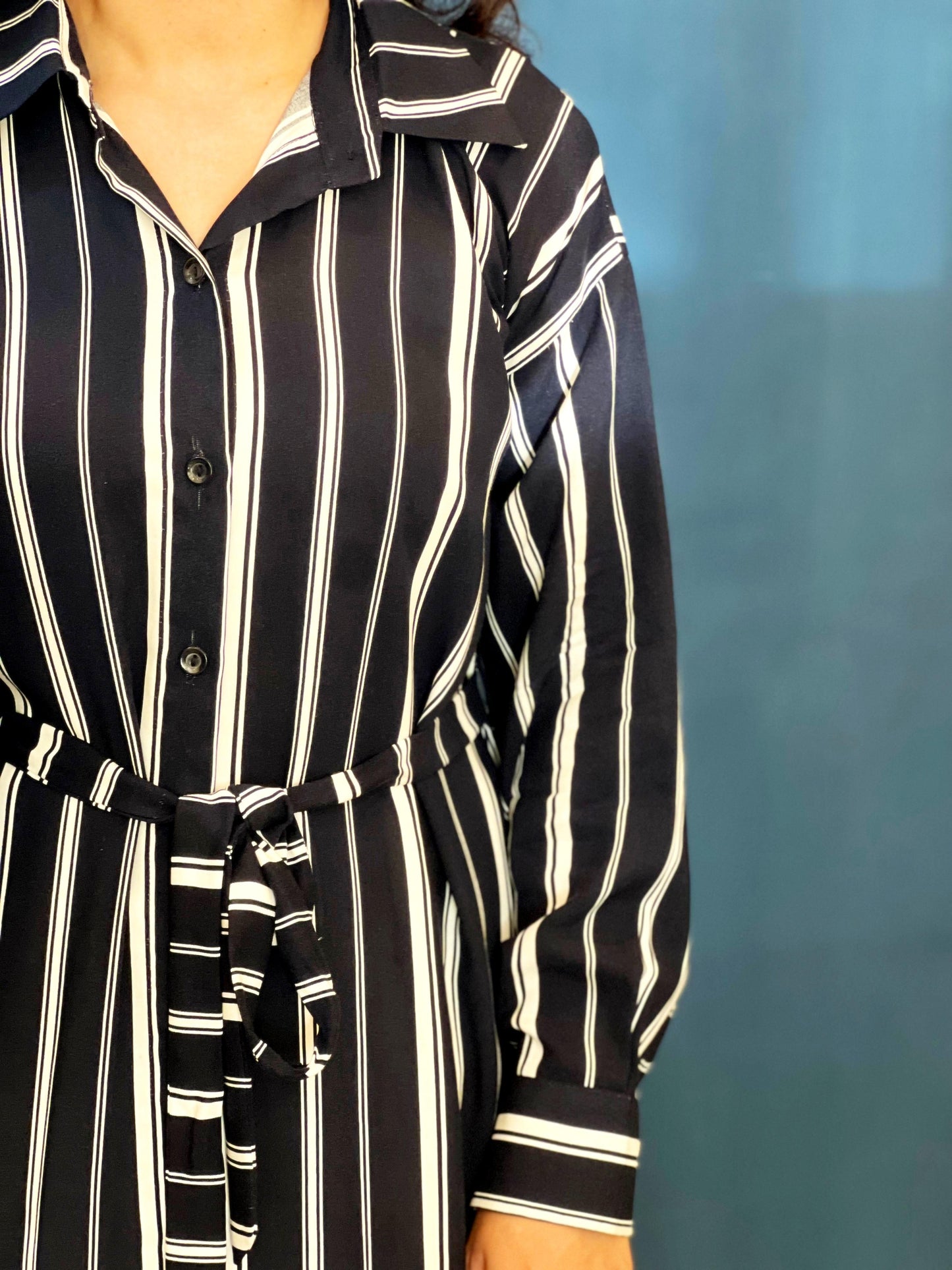 Blue White Striped Long Belted Shirt Dress