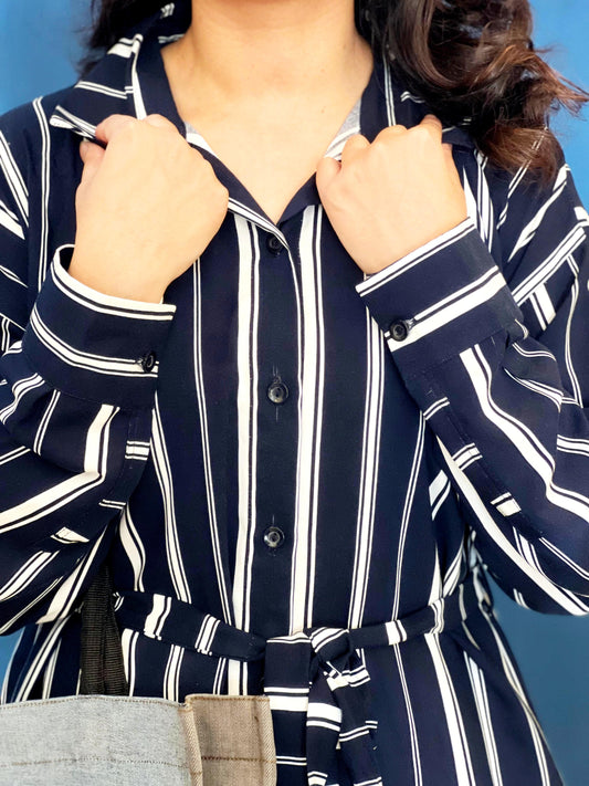 Blue White Striped Long Belted Shirt Dress