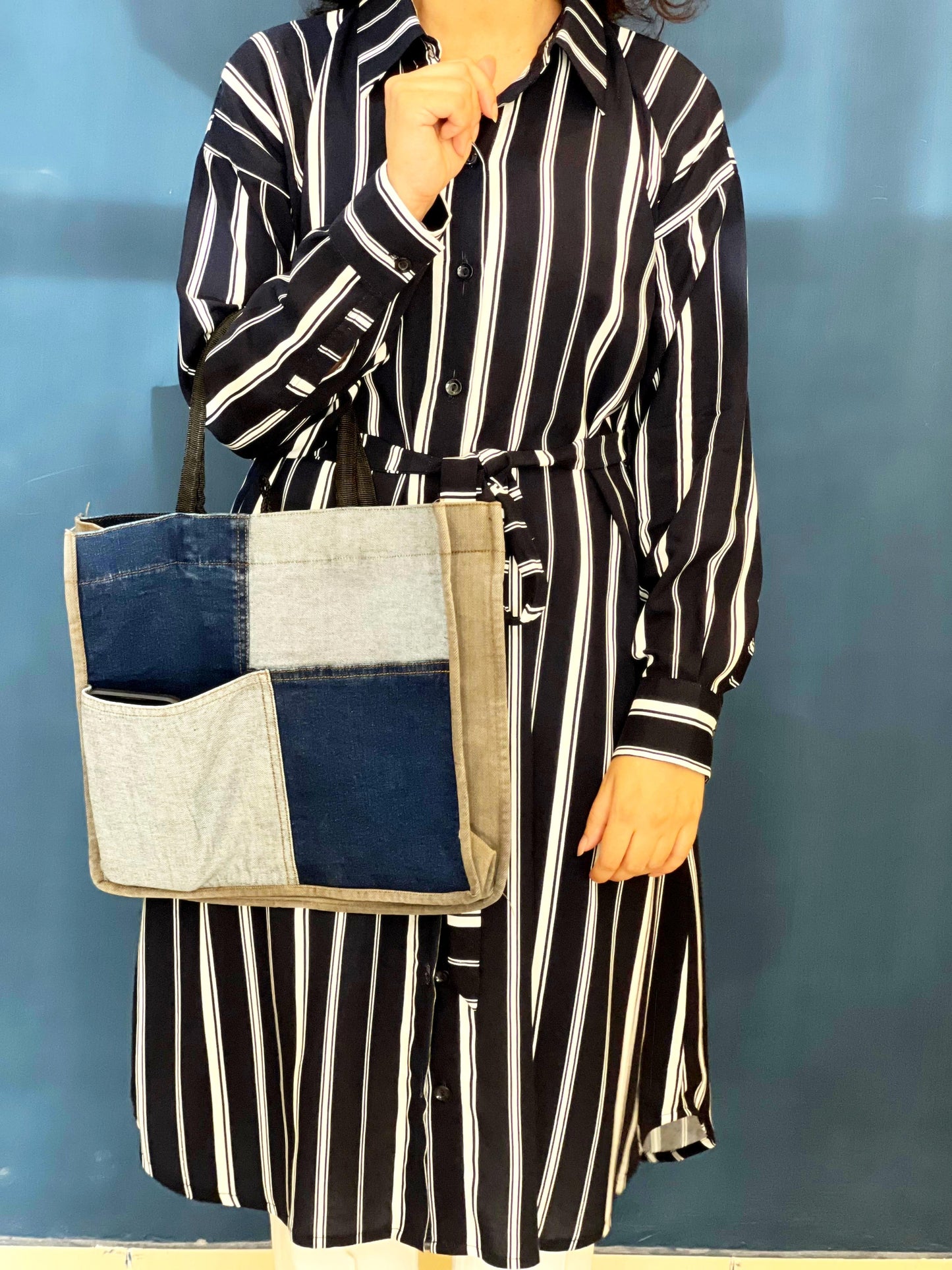 Blue White Striped Long Belted Shirt Dress