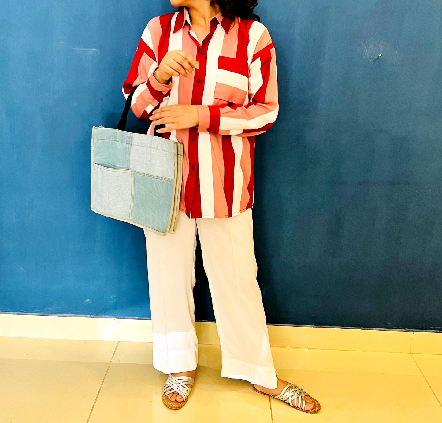 Red And White Striped Dress Shirt With Pocket