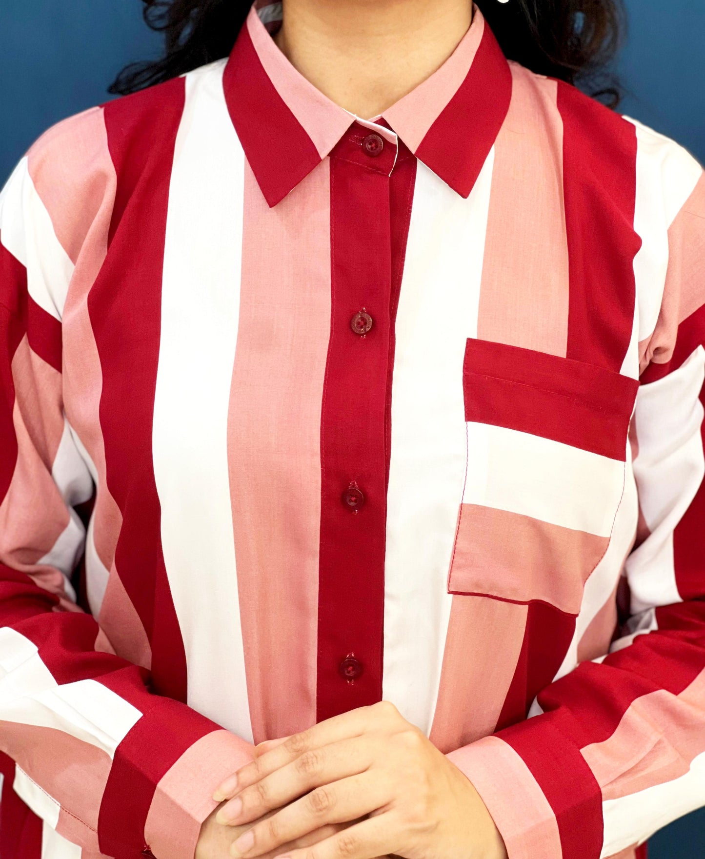 Red And White Striped Dress Shirt With Pocket