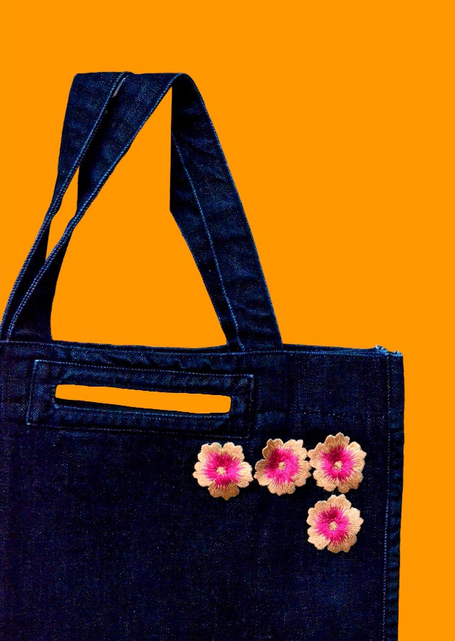 Dark Blue Denim Tote Bag with Pink Embroidery