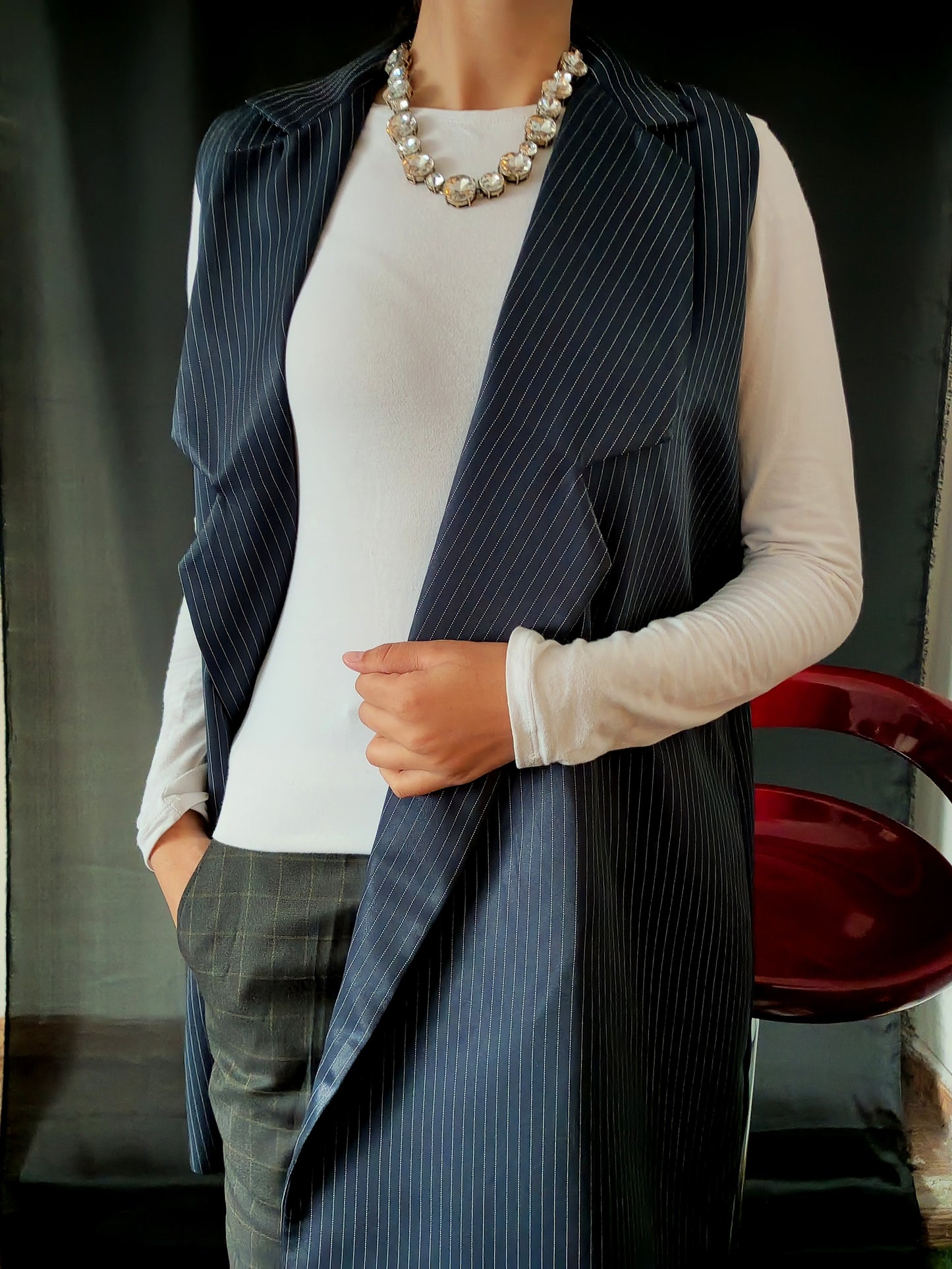 Blue Sleeveless Striped Blazer