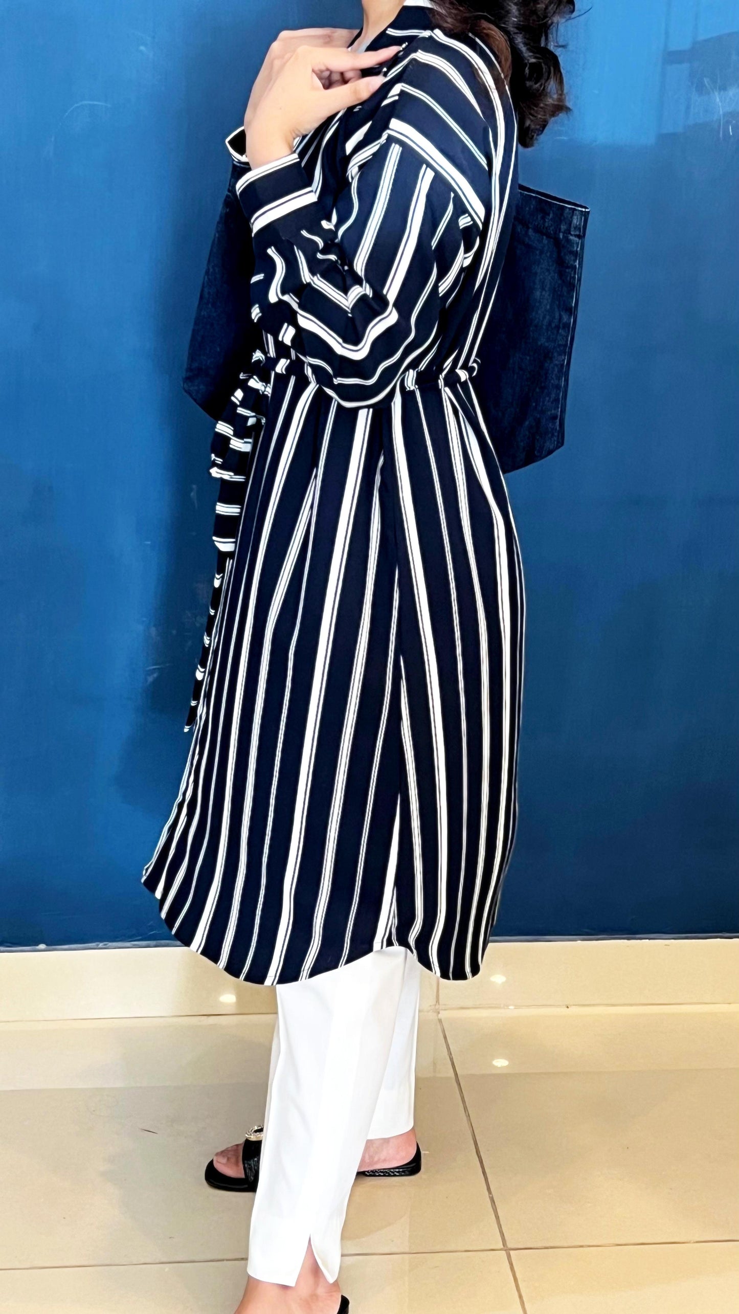 Blue White Striped Long Belted Shirt Dress