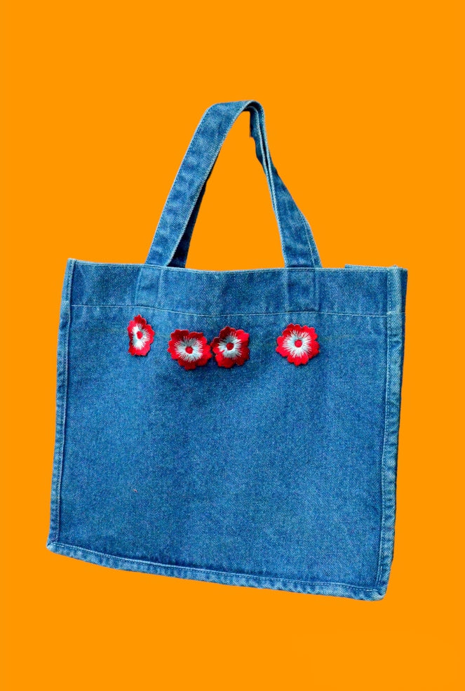 Red Embroidery Blue Denim Tote Bag