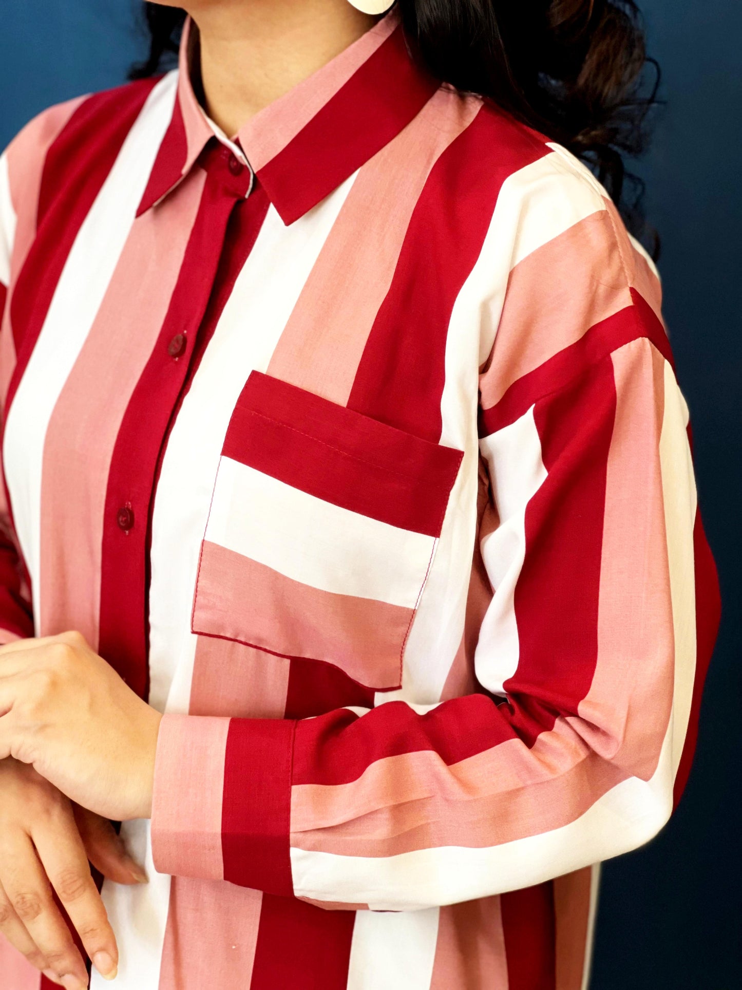 Red And White Striped Dress Shirt With Pocket