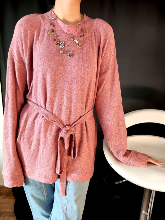 Pink Woolen Belted Sweatshirt