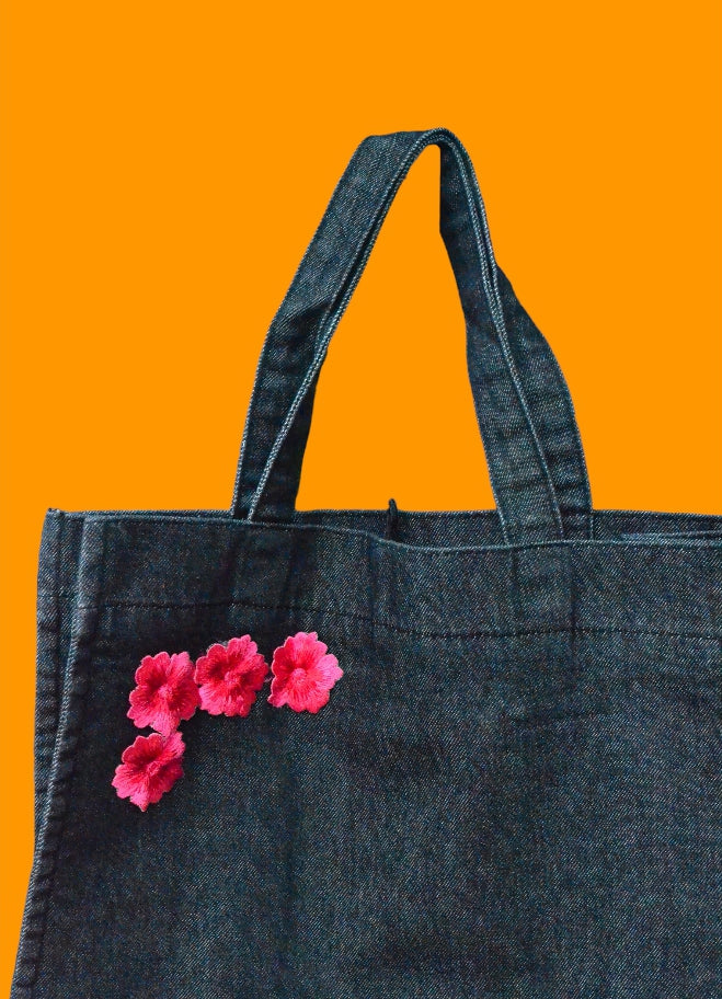 Red Embroidery Black Denim Tote Bag