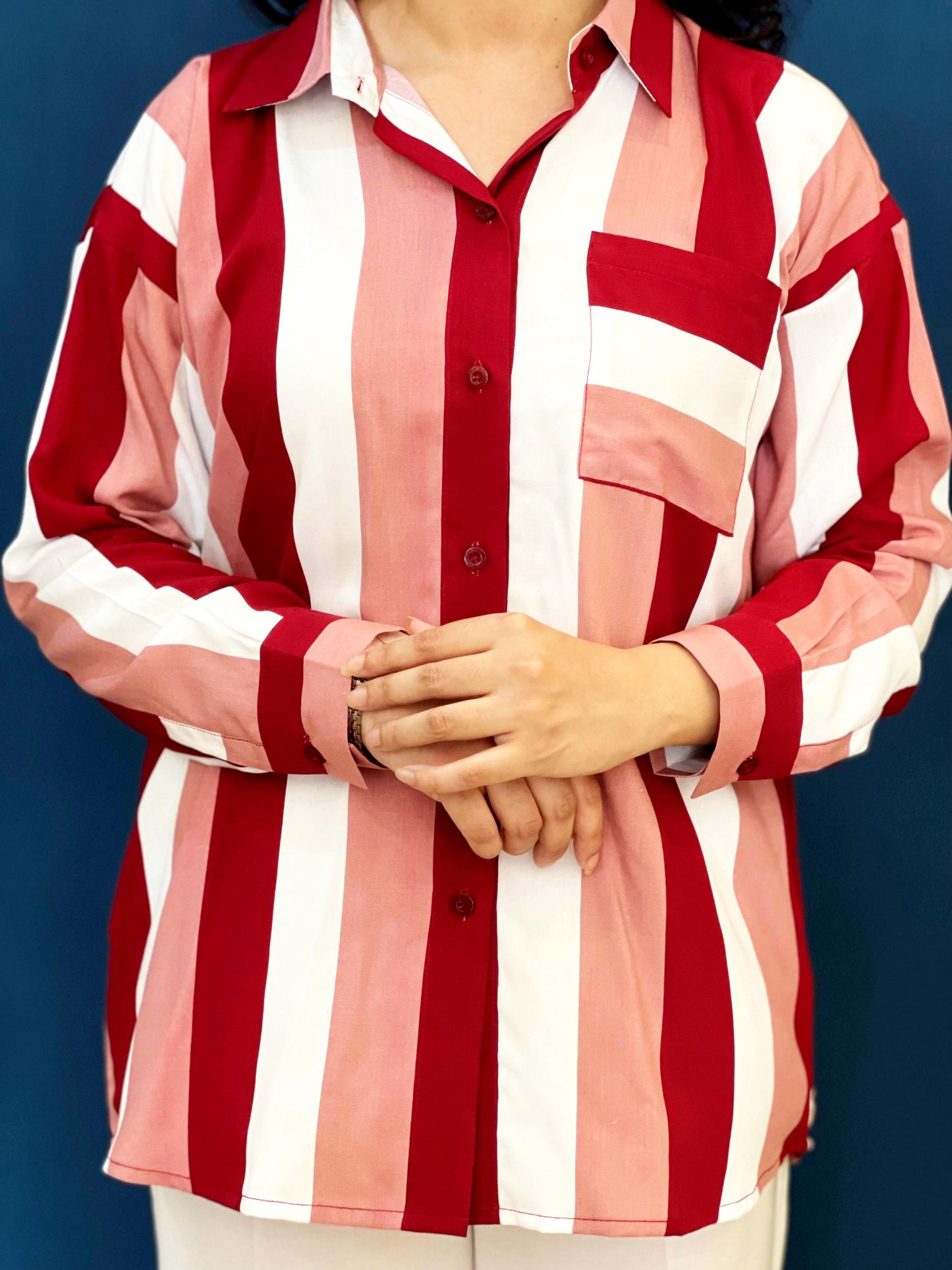 Red And White Striped Dress Shirt With Pocket