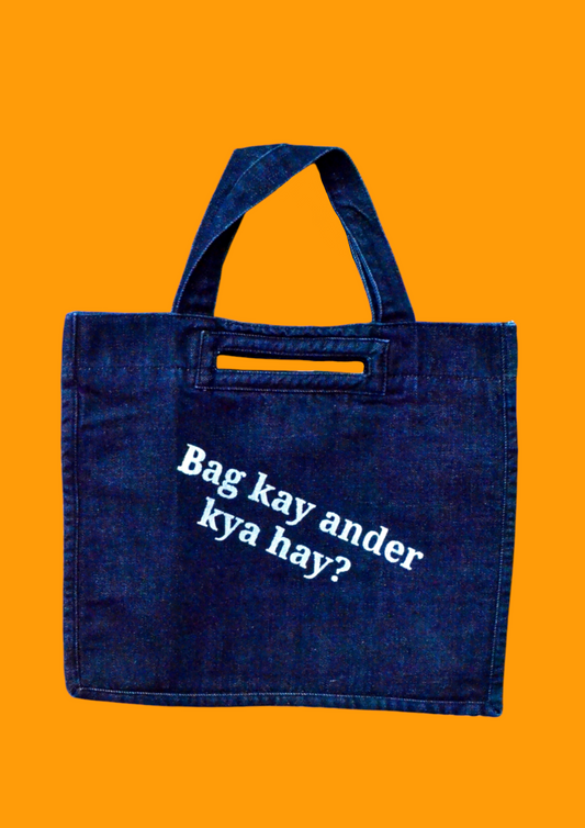 "Bag kay Ander kya hay?" Dark Blue Denim Tote Bag