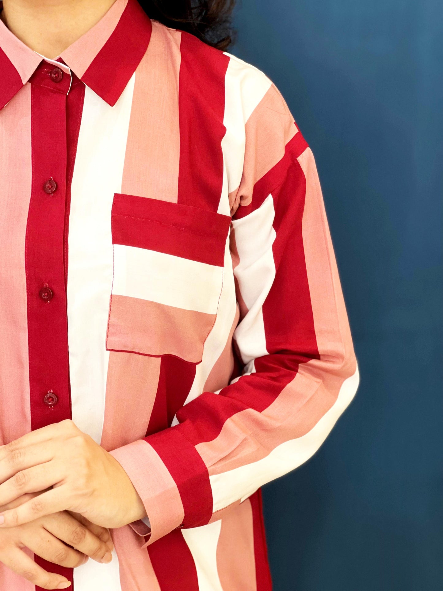 Red And White Striped Dress Shirt With Pocket