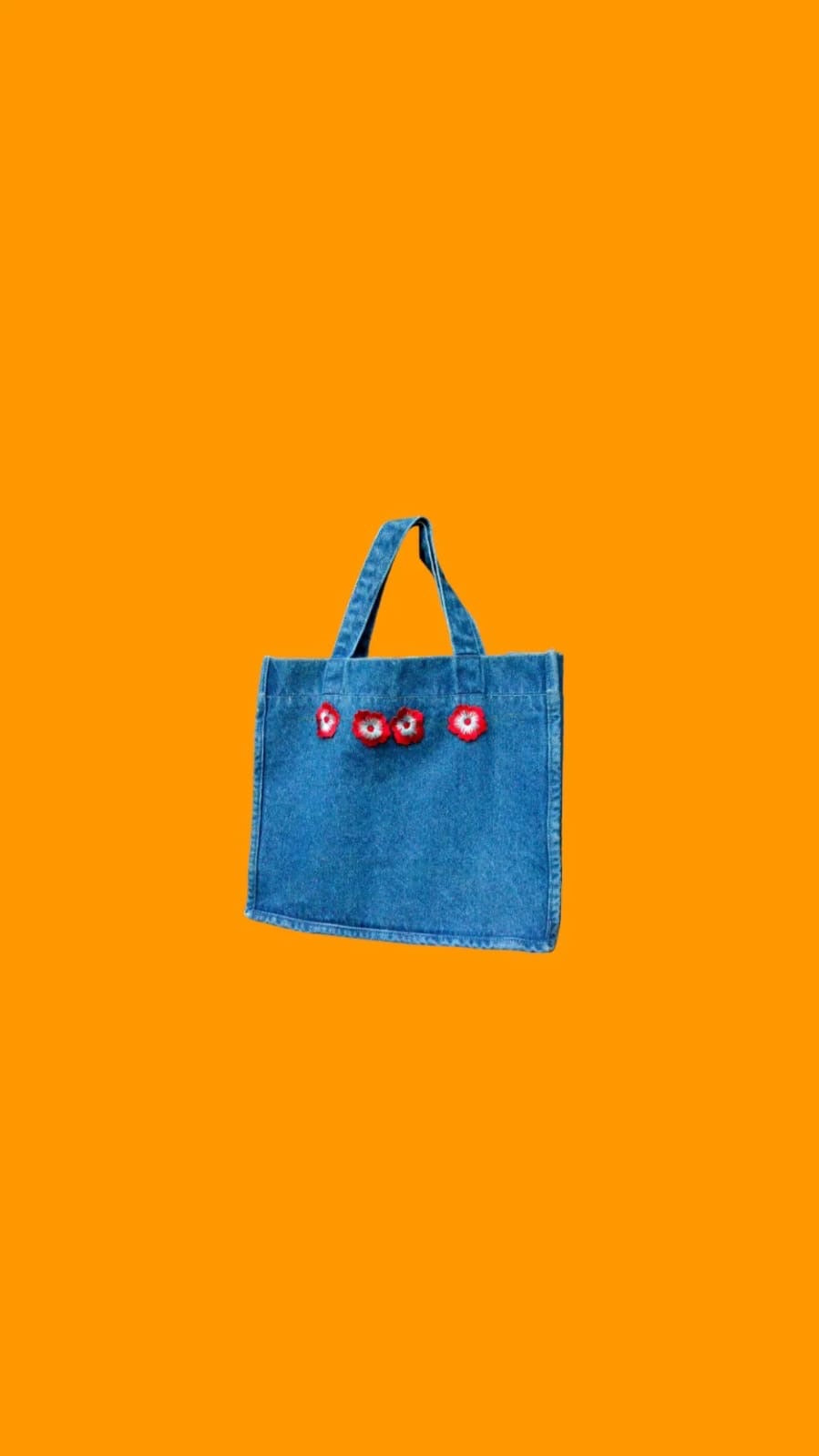 Red Embroidery Blue Denim Tote Bag