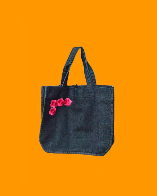 Red Embroidery Black Denim Tote Bag