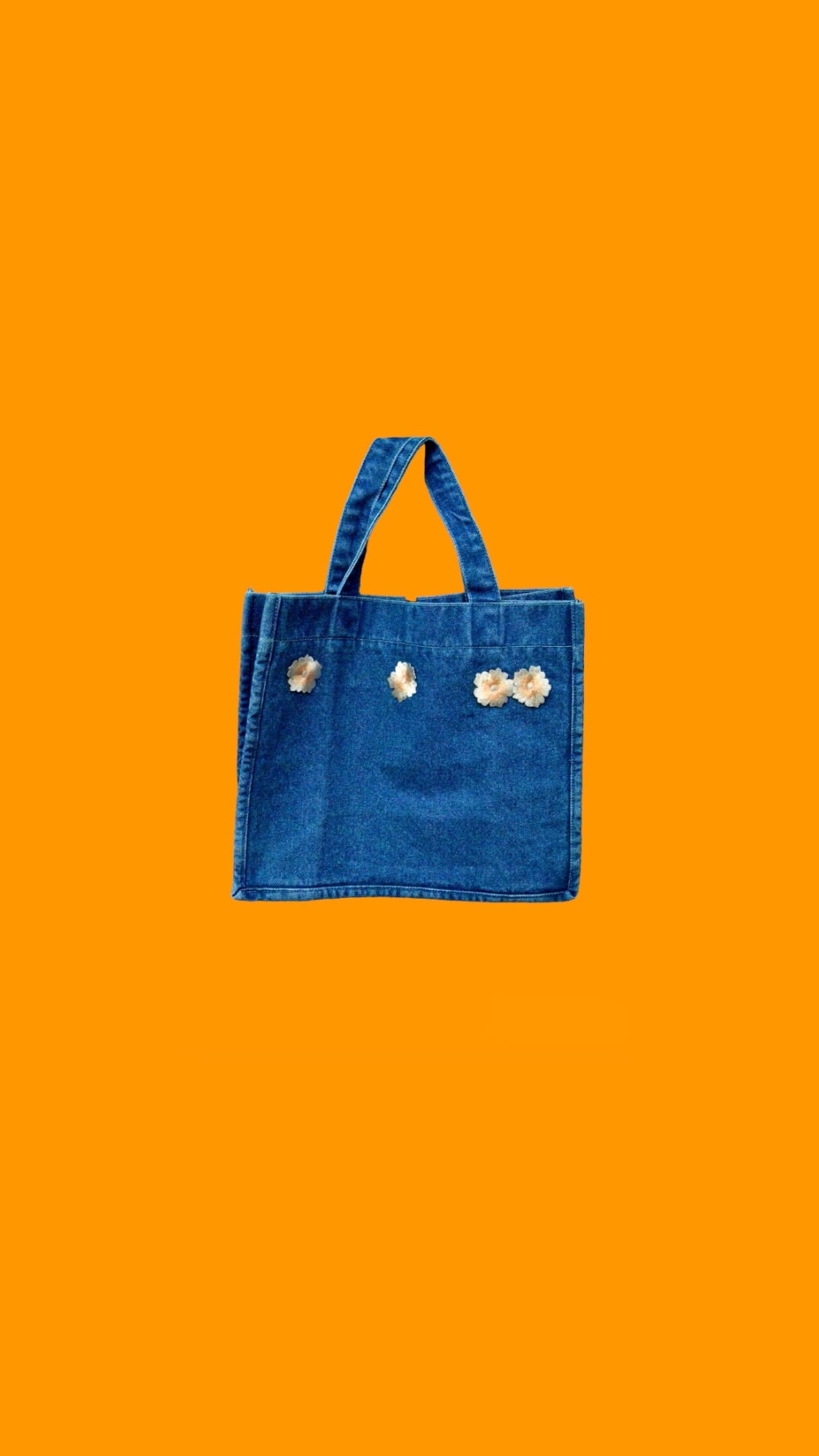 White embroidery blue denim tote bag details