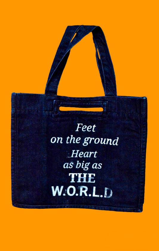 "Feet on the ground heart as big as the world " Dark Blue Denim Tote Bag