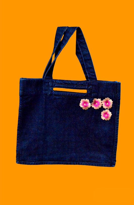 Dark Blue Denim Tote Bag with Pink Embroidery