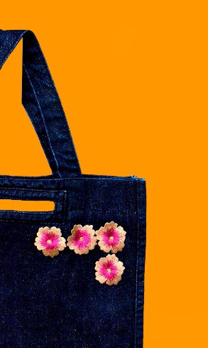 Dark Blue Denim Tote Bag with Pink Embroidery