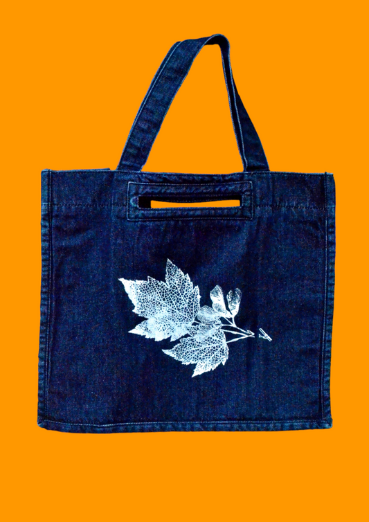 White Autumn leaf Dark blue denim tote bag