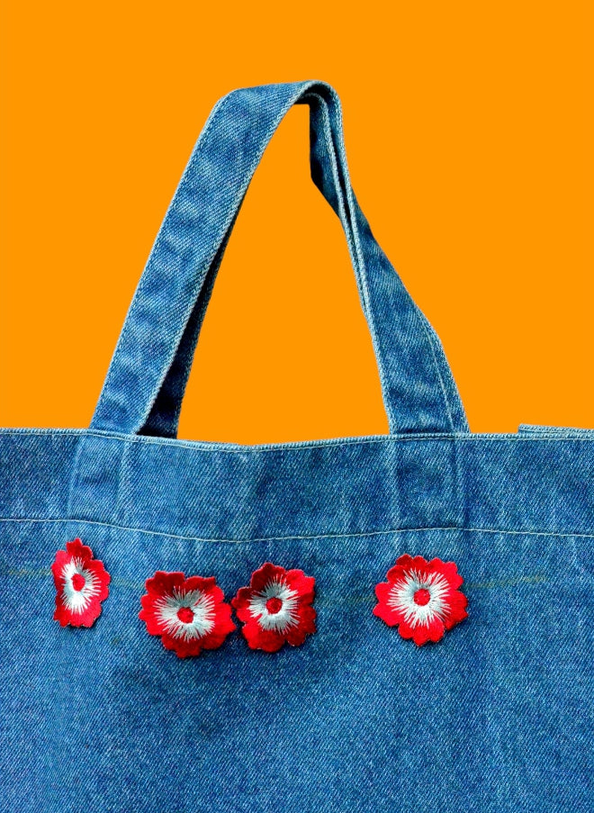 Red Embroidery Blue Denim Tote Bag