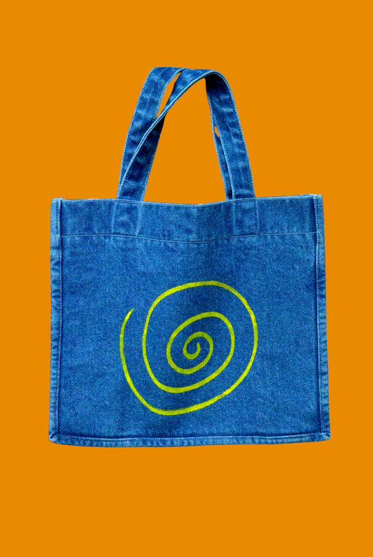 Yellow Spiral Light Blue Denim Tote Bag