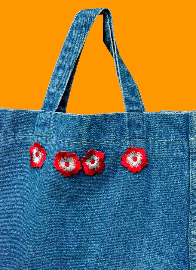 Red Embroidery Blue Denim Tote Bag