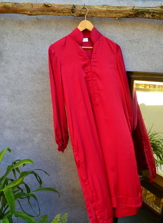 Gathered sleeve shocking pink silk kurta