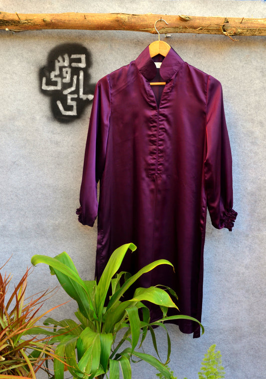 Gathered Sleeve Royal Purple Silk Kurta