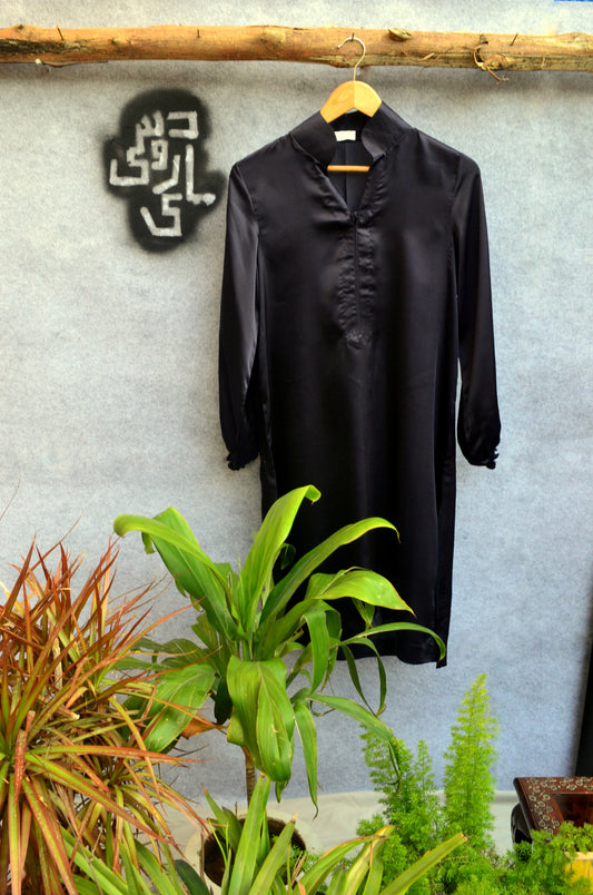 Gathered Sleeve Midnight Blue Silk Kurta